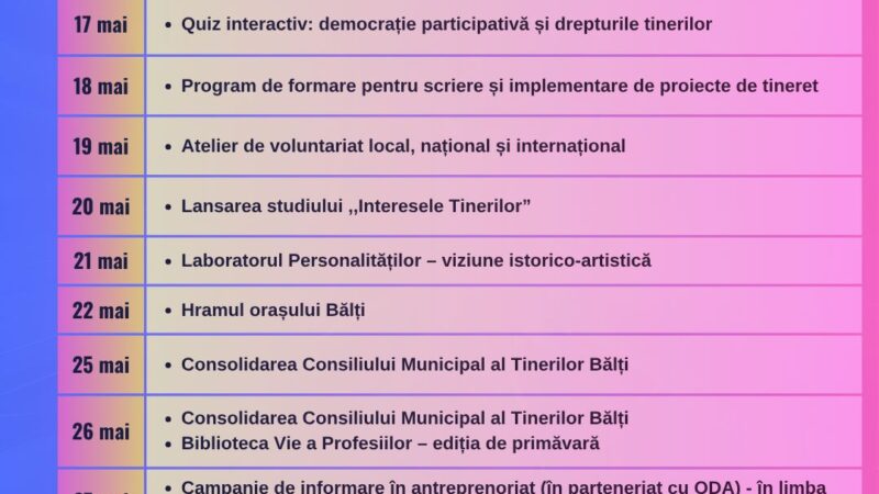 Oportunitățile lunii mai organizate de CIDP ANIMA în cadrul Programului „Bălți – Capitala Tineretului 2026”